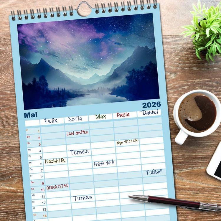 Produktbild: Familienplaner 2026 - Tr&auml;umereien in Blau mit 5 Spalten (Wandkalender, 21 x 45 cm) CALVENDO