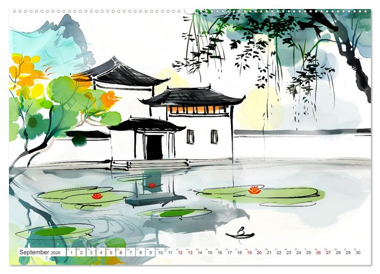 Produktbild: Fernost Impressionen - Tempel und Landschaften in KI-Tuschekunst (hochwertiger Premium Wandkalender 2026 DIN A2 quer), Kunstdruck in Hochglanz