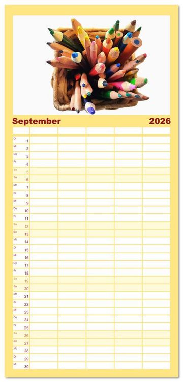 Produktbild: Familienplaner 2026 - Atelierimpressionen - Des K&uuml;nstlers Handwerkzeug im Portrait mit 5 Spalten (Wandkalender, 21 x 45 cm) CALVENDO