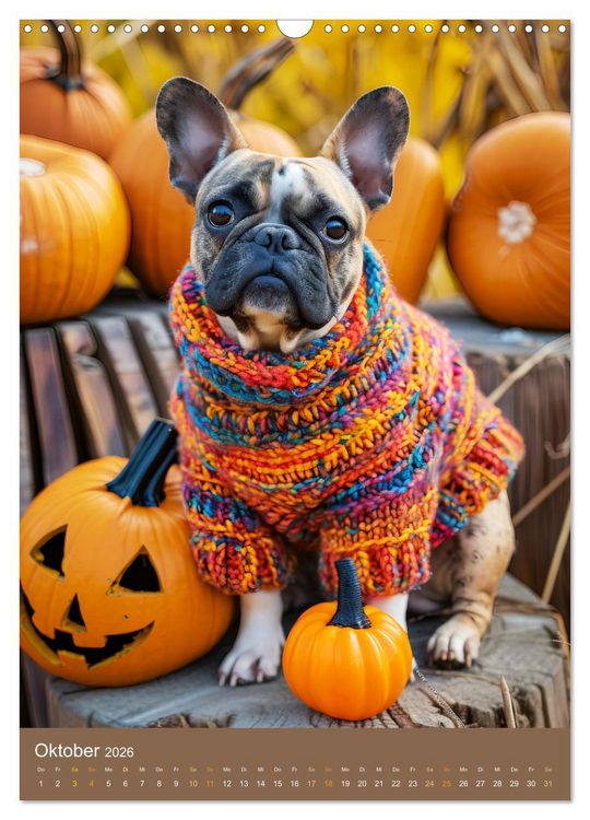 Produktbild: Frenchie Couture - Franz&ouml;sische Bulldoggen in Strick-Chic (Wandkalender 2026 DIN A3 hoch), CALVENDO Monatskalender