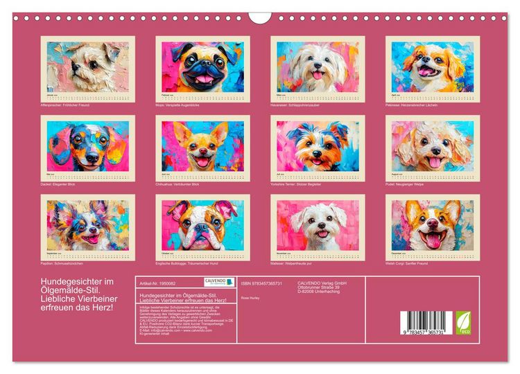 Produktbild: Hundegesichter im &Ouml;lgem&auml;lde-Stil. Liebliche Vierbeiner erfreuen das Herz! (Wandkalender 2026 DIN A3 quer), CALVENDO Monatskalender