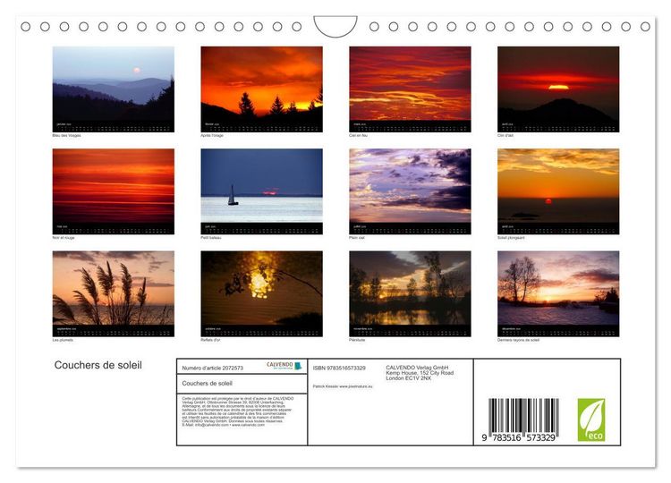 Produktbild: Couchers de soleil (Calendrier mural 2026 DIN A4 vertical), CALVENDO calendrier mensuel