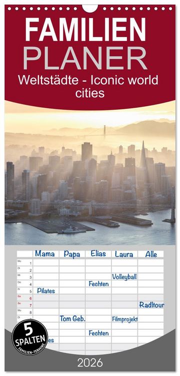 Produktbild: Familienplaner 2026 - Weltst&auml;dte - Iconic world cities mit 5 Spalten (Wandkalender, 21 x 45 cm) CALVENDO