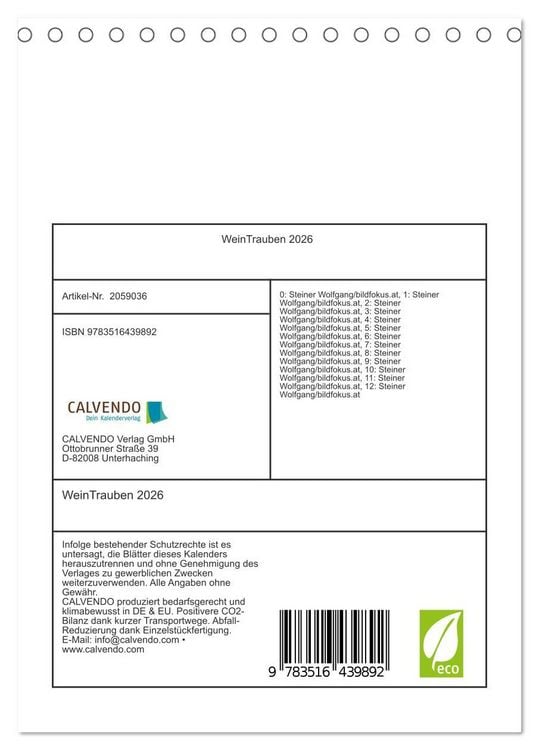 Produktbild: WeinTrauben 2026 (Tischkalender 2026 DIN A5 hoch), CALVENDO Monatskalender