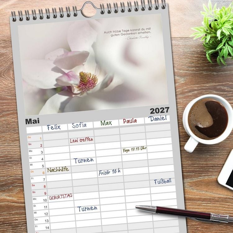 Produktbild: Familienplaner 2027 - Mit guten Gedanken durch das Jahr mit 5 Spalten (Wandkalender, 21 x 45 cm) CALVENDO