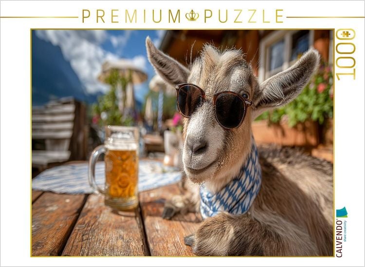 Produktbild: CALVENDO Puzzle Ziege mit Sonnenbrille im bayerischen Biergarten | 1000 Teile Lege-Gr&ouml;&szlig;e 64x48cm Foto-Puzzle f&uuml;r gl&uuml;ckliche Stunden