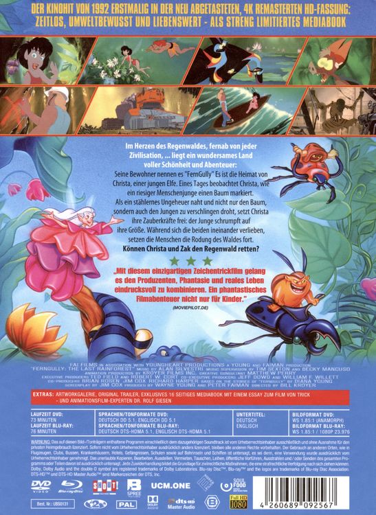 Produktbild: FernGully - Christa und Zaks Abenteuer im Regenwald (Limited Mediabook mit Blu-ray+DVD+Booklet, neues Master, limitiert auf 500 St&uuml;ck)