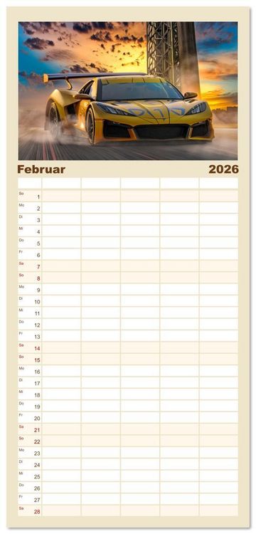 Produktbild: Familienplaner 2026 - Fantasievolle Rennautos - Im Rausch der Geschwindigkeit mit 5 Spalten (Wandkalender, 21 x 45 cm) CALVENDO