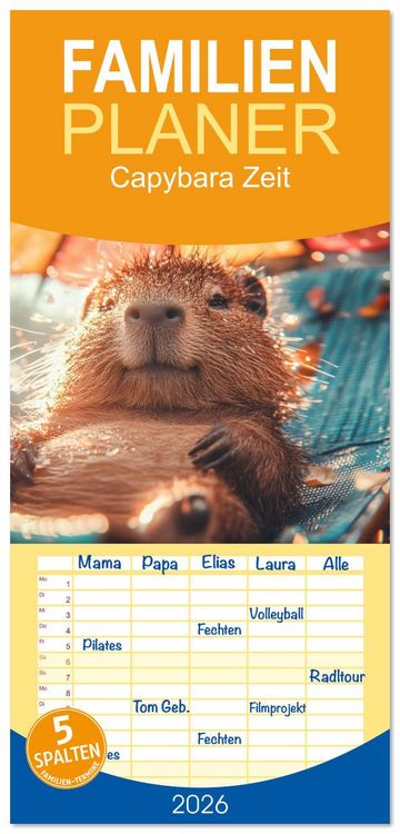 Produktbild: Familienplaner 2026 - Capybara Zeit mit 5 Spalten (Wandkalender, 21 x 45 cm) CALVENDO