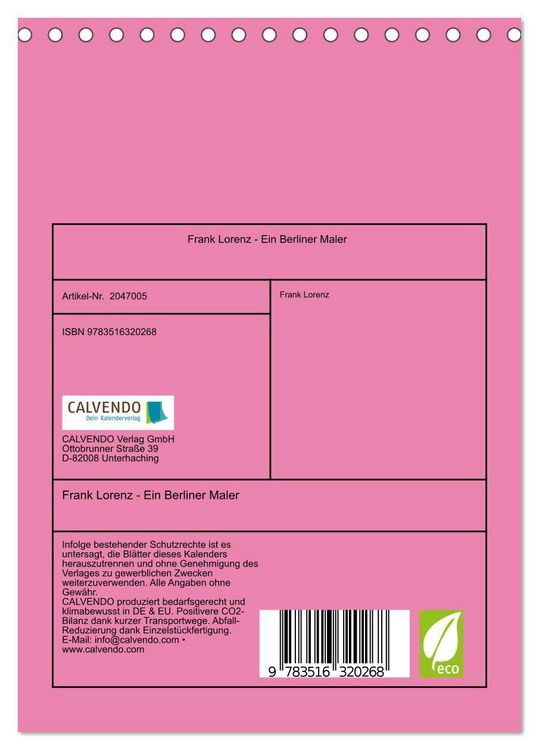 Produktbild: Frank Lorenz - Ein Berliner Maler (Tischkalender 2026 DIN A5 hoch), CALVENDO Monatskalender
