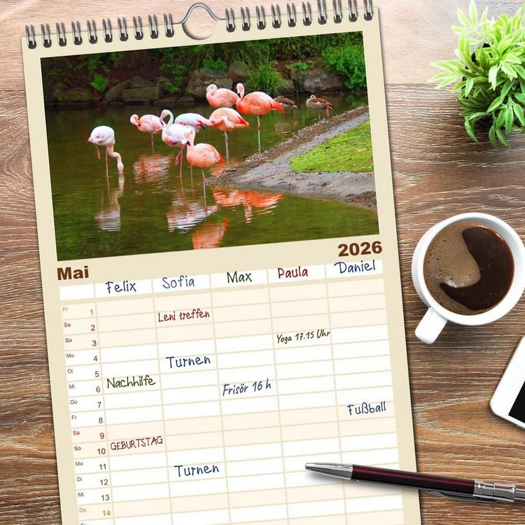 Produktbild: Familienplaner 2026 - Flamingo Zauber mit 5 Spalten (Wandkalender, 21 x 45 cm) CALVENDO