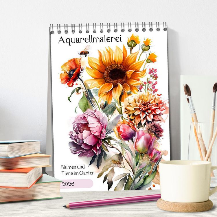 Produktbild: Aquarellmalerei - Blumen und Tiere im Garten (Tischkalender 2026 DIN A5 hoch), CALVENDO Monatskalender