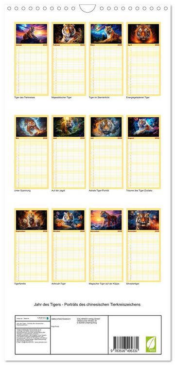 Produktbild: Familienplaner 2026 - Jahr des Tigers - Portr&auml;ts des chinesischen Tierkreiszeichens mit 5 Spalten (Wandkalender, 21 x 45 cm) CALVENDO