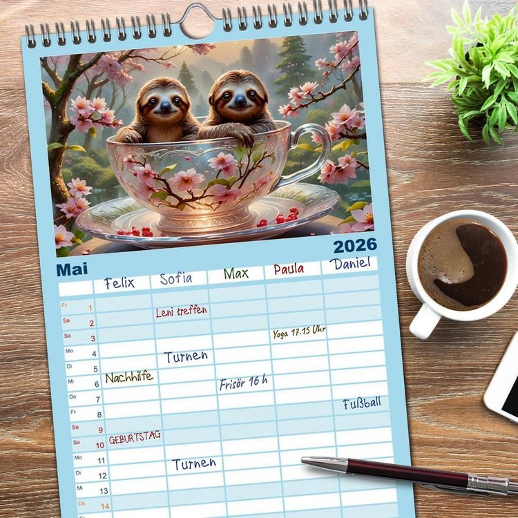 Produktbild: Familienplaner 2026 - Tierische Tee-Parade mit 5 Spalten (Wandkalender, 21 x 45 cm) CALVENDO