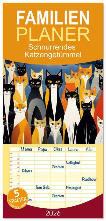 Produktbild: Familienplaner 2026 - Schnurrendes Katzenget&uuml;mmel mit 5 Spalten (Wandkalender, 21 x 45 cm) CALVENDO