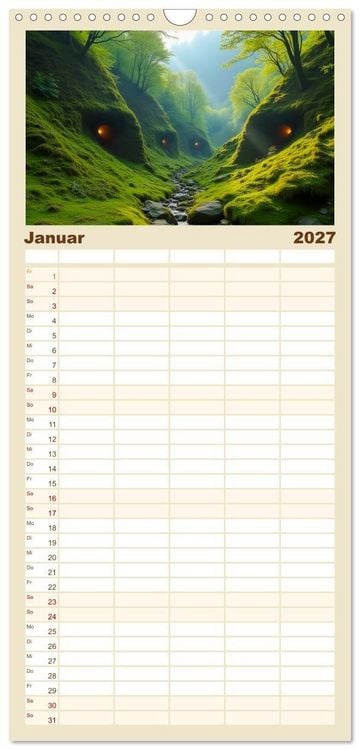 Produktbild: Familienplaner 2027 - Fabelhafte Orte &ndash; Landschaften aus M&auml;rchen und Sagen mit 5 Spalten (Wandkalender, 21 x 45 cm) CALVENDO