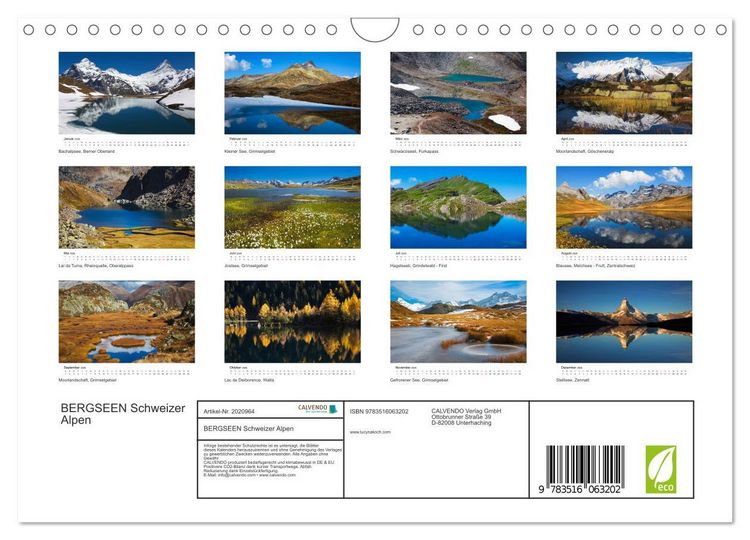 Produktbild: BERGSEEN Schweizer Alpen (Wandkalender 2026 DIN A4 quer), CALVENDO Monatskalender