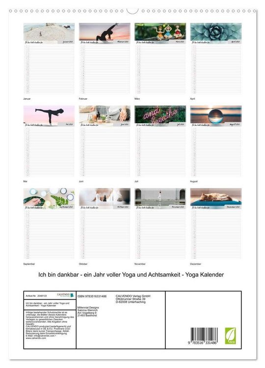 Produktbild: Ich bin dankbar - ein Jahr voller Yoga und Achtsamkeit - Yoga Kalender (hochwertiger Premium Wandkalender 2026 DIN A2 hoch), Kunstdruck in Hochglanz