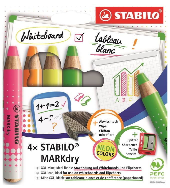 Produktbild: STABILO Marker Whiteboard- und Flipchartmarker MARKdry, 4er Set mit Spitzer und Abwischtuch, Neonfarben