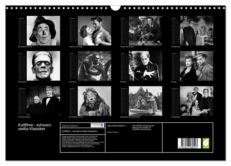 Produktbild: Kultfilme - schwarz-wei&szlig;e Klassiker (Wandkalender 2026 DIN A3 quer), CALVENDO Monatskalender