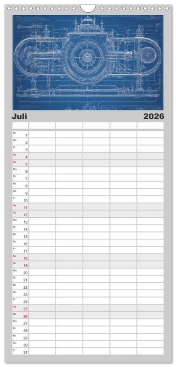 Produktbild: Familienplaner 2026 - Steampunk - Blaupausen mit 5 Spalten (Wandkalender, 21 x 45 cm) CALVENDO