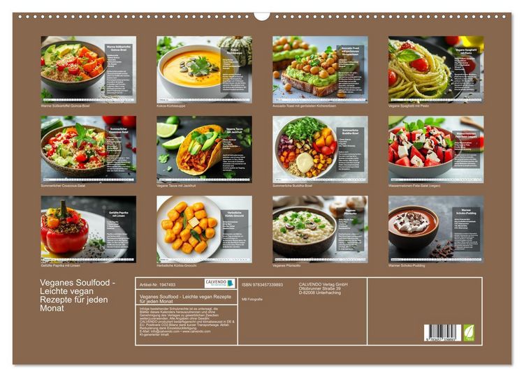 Produktbild: Veganes Soulfood - Leichte vegan Rezepte f&uuml;r jeden Monat (Wandkalender 2026 DIN A2 quer), CALVENDO Monatskalender