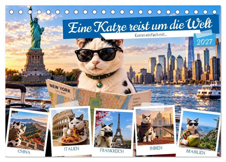 Produktbild: Eine Katze reist um die Welt (Tischkalender 2027 DIN A5 quer), CALVENDO Monatskalender