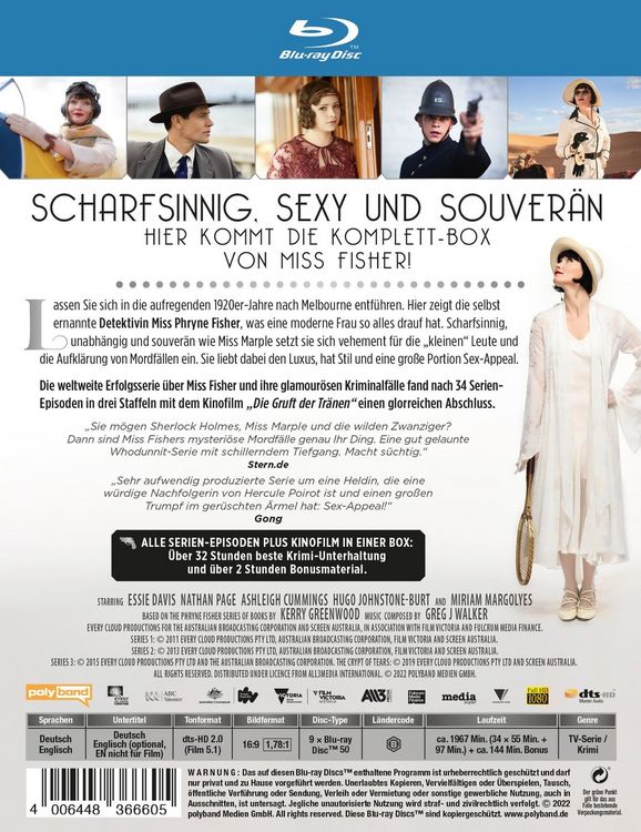 Produktbild: Miss Fishers mysteri&ouml;se Mordf&auml;lle - Die Komplettbox: Alle Episoden der Serie und der Kinofilm - Die Staffeln 1-3 plus "Die Gruft der Tr&auml;nen" [9 BRs]
