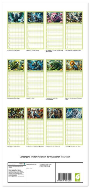 Produktbild: Familienplaner 2026 - Verborgene Welten: Arkanum der mystischen Tierwesen mit 5 Spalten (Wandkalender, 21 x 45 cm) CALVENDO