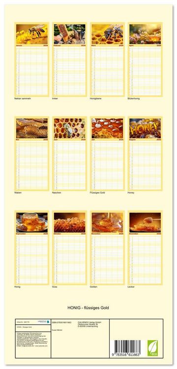 Produktbild: Familienplaner 2026 - HONIG - fl&uuml;ssiges Gold mit 5 Spalten (Wandkalender, 21 x 45 cm) CALVENDO