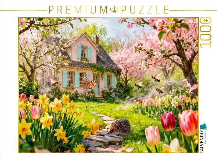 Produktbild: CALVENDO Puzzle Fr&uuml;hlings Cottage im Garten mit Igel und Bl&uuml;tenzauber | 1000 Teile Lege-Gr&ouml;&szlig;e 64x48cm Foto-Puzzle f&uuml;r gl&uuml;ckliche Stunden