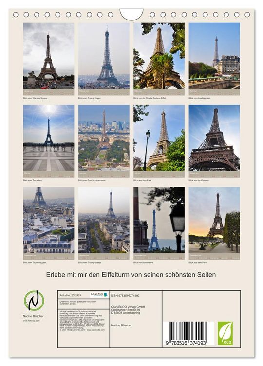 Produktbild: Erlebe mit mir den Eiffelturm von seinen sch&ouml;nsten Seiten (Wandkalender 2026 DIN A4 hoch), CALVENDO Monatskalender