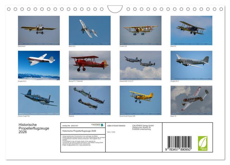 Produktbild: Historische Propellerflugzeuge 2026 (Wandkalender 2026 DIN A4 quer), CALVENDO Monatskalender