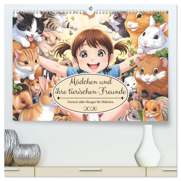 Produktbild: M&auml;dchen und ihre tierischen Freunde - Tierisch s&uuml;&szlig;e Mangas f&uuml;r M&auml;dchen (hochwertiger Premium Wandkalender 2026 DIN A2 quer), Kunstdruck in Hochglanz