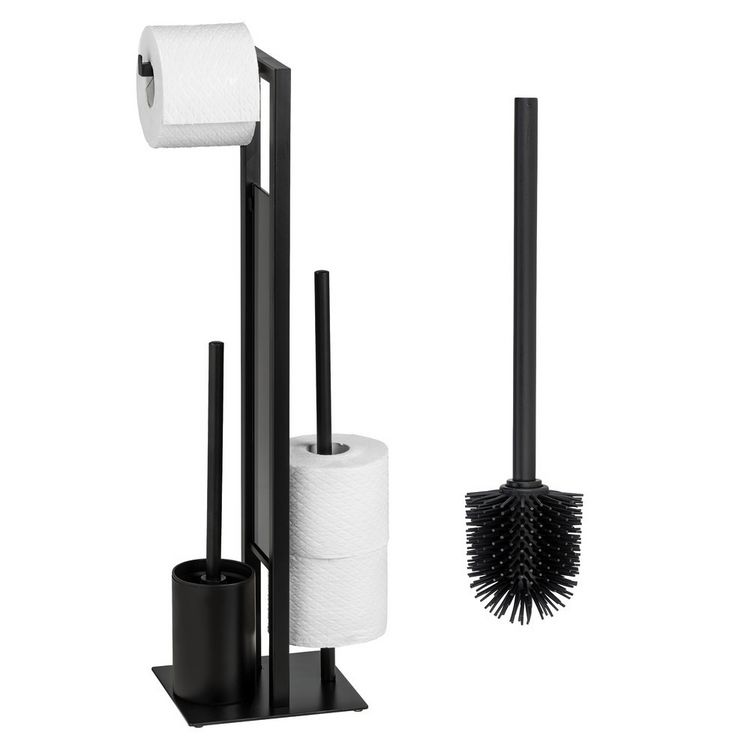 Produktbild: Stand WC-Garnitur Mod. Rivalta Schwarz mit Ersatzb&uuml;rste, integrierter Toilettenpapierhalter und