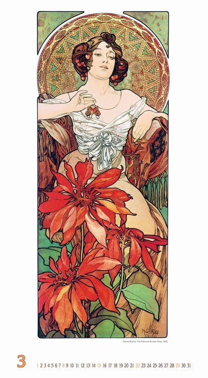 Produktbild: Alfons Mucha 2026 - Bild-Kalender 33x60 cm - Kunstkalender - mit stilvollem Glitzereffekt - Jugendstil - Wandkalender - Alpha Edition