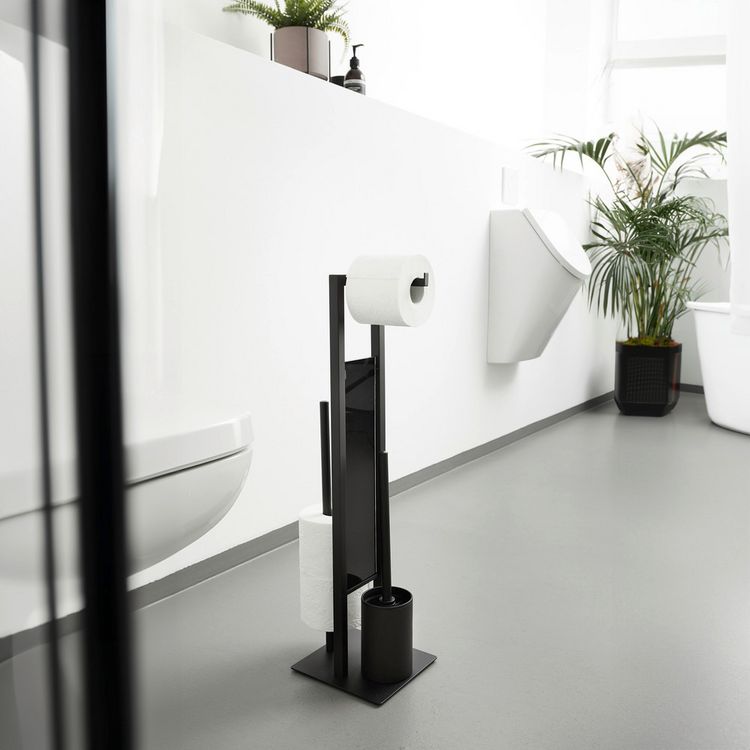Produktbild: Stand WC-Garnitur Mod. Rivalta Schwarz mit Ersatzb&uuml;rste, integrierter Toilettenpapierhalter und