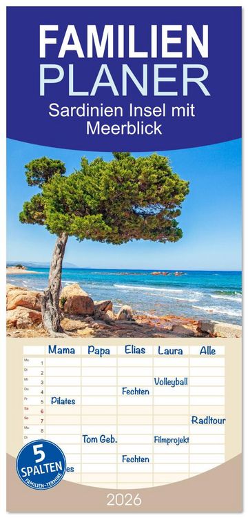Produktbild: Familienplaner 2026 - Sardinien Insel mit Meerblick mit 5 Spalten (Wandkalender, 21 x 45 cm) CALVENDO