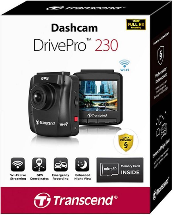 Produktbild: Transcend DrivePro 230Q Dashcam mit GPS Blickwinkel horizontal max.=130 &deg; 12 V Akku, Fahrspurassistent, WLAN, Auffahrwarner, Display