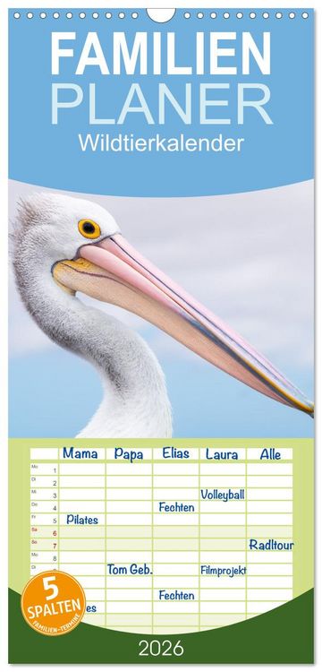 Produktbild: Familienplaner 2026 - Wildtierkalender mit 5 Spalten (Wandkalender, 21 x 45 cm) CALVENDO