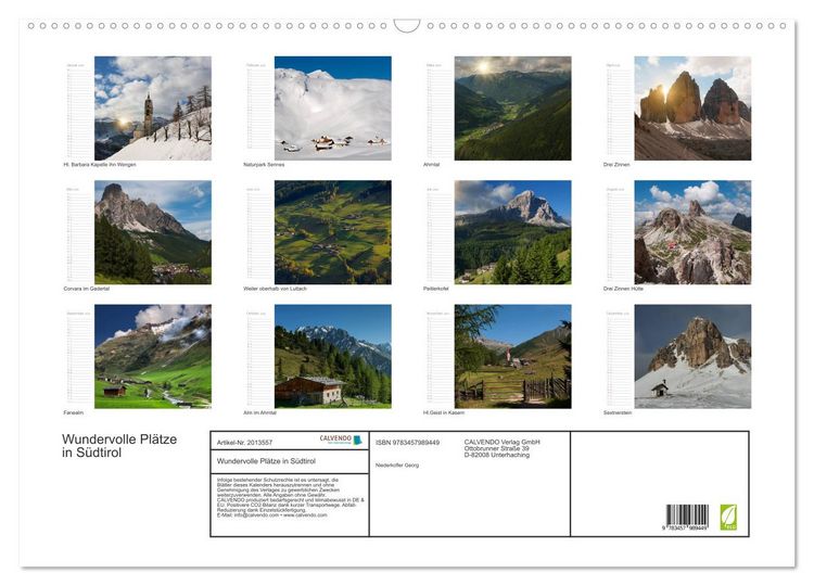 Produktbild: Wundervolle Pl&auml;tze in S&uuml;dtirol (Wandkalender 2026 DIN A2 quer), CALVENDO Monatskalender