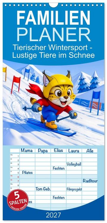 Produktbild: Familienplaner 2027 - Tierischer Wintersport - Lustige Tiere im Schnee mit 5 Spalten (Wandkalender, 21 x 45 cm) CALVENDO