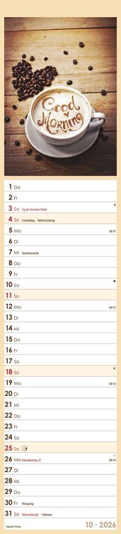 Produktbild: Küchenplaner Kaffee 2026 - Streifen-Kalender 11,3x49x5 cm - Kaffeekalender - mit leckeren Rezepten - Wandplaner - Küchenkalender - Alpha Edition