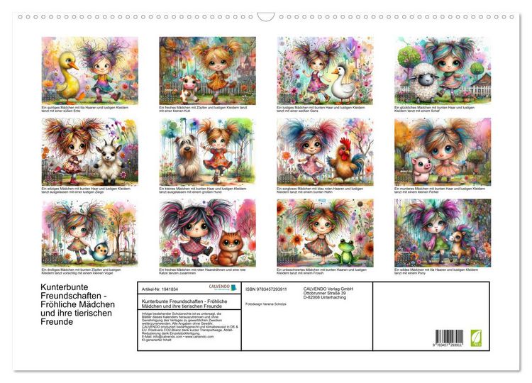 Produktbild: Kunterbunte Freundschaften - Fr&ouml;hliche M&auml;dchen und ihre tierischen Freunde (Wandkalender 2026 DIN A2 quer), CALVENDO Monatskalender