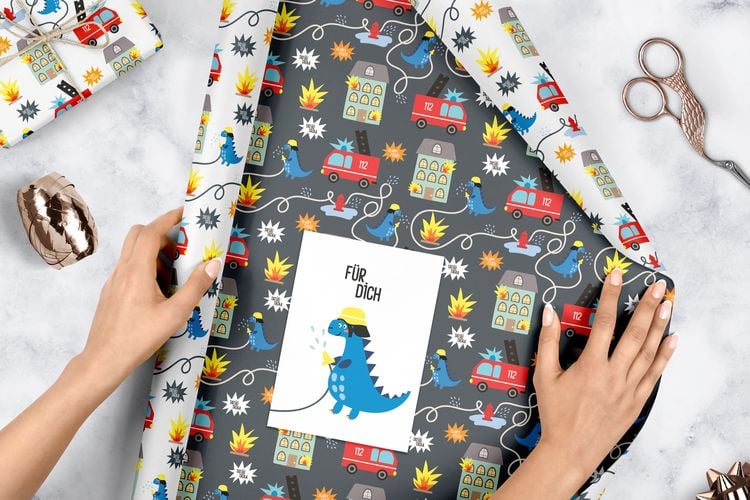 Produktbild: Geschenkpapier-Set f&uuml;r Kinder: Feuerwehr/ Dinosaurier