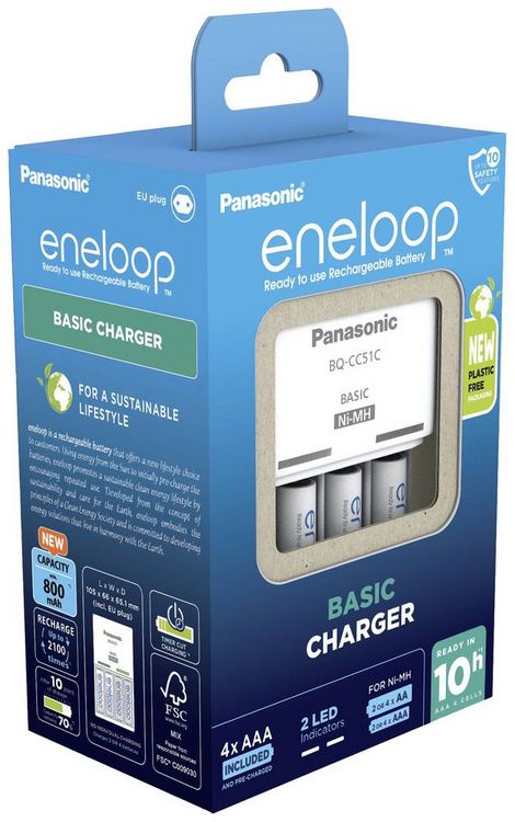 Produktbild: Panasonic Basic BQ-CC51 + 4x eneloop AAA Steckerladerger&auml;t NiMH Micro (AAA), Mignon (AA)