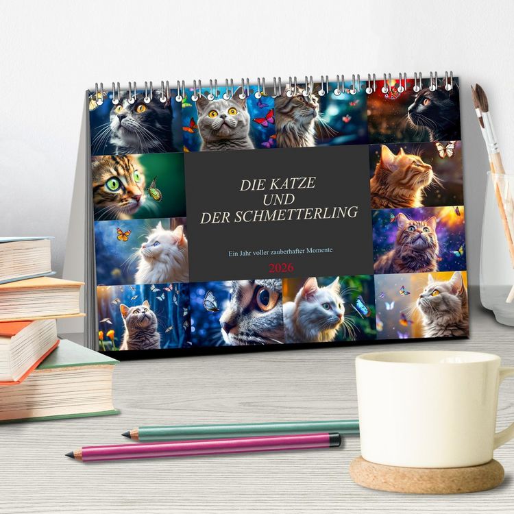 Produktbild: Die Katze und der Schmetterling (Tischkalender 2026 DIN A5 quer), CALVENDO Monatskalender