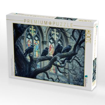 Produktbild: CALVENDO Puzzle Gefl&uuml;sterte Prophezeiungen - HD-Leinwand "Kr&auml;hen & alte Kirche" | 1000 Teile Lege-Gr&ouml;&szlig;e 64x48cm Foto-Puzzle f&uuml;r gl&uuml;ckliche Stunden