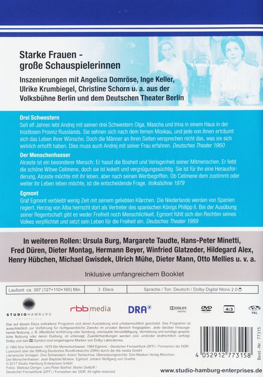 Produktbild: Gro&szlig;es Berliner Theater - Teil 4: Hommage an starke Frauen - gro&szlig;e Schauspielerinnen: Drei Schwestern/Der Menschenhasser/Egmont (DDR TV-Archiv) [3 DVDs]