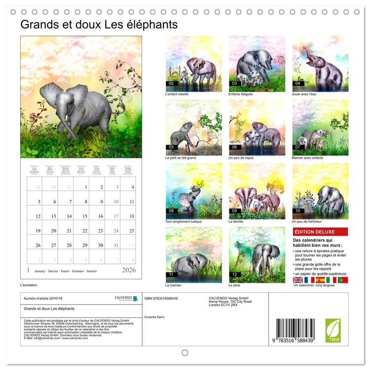 Produktbild: Grands et doux Les &eacute;l&eacute;phants (Calendrier mural carr&eacute; 2026 30x30 cm) Calendrier double avec une page pour vos prises de notes